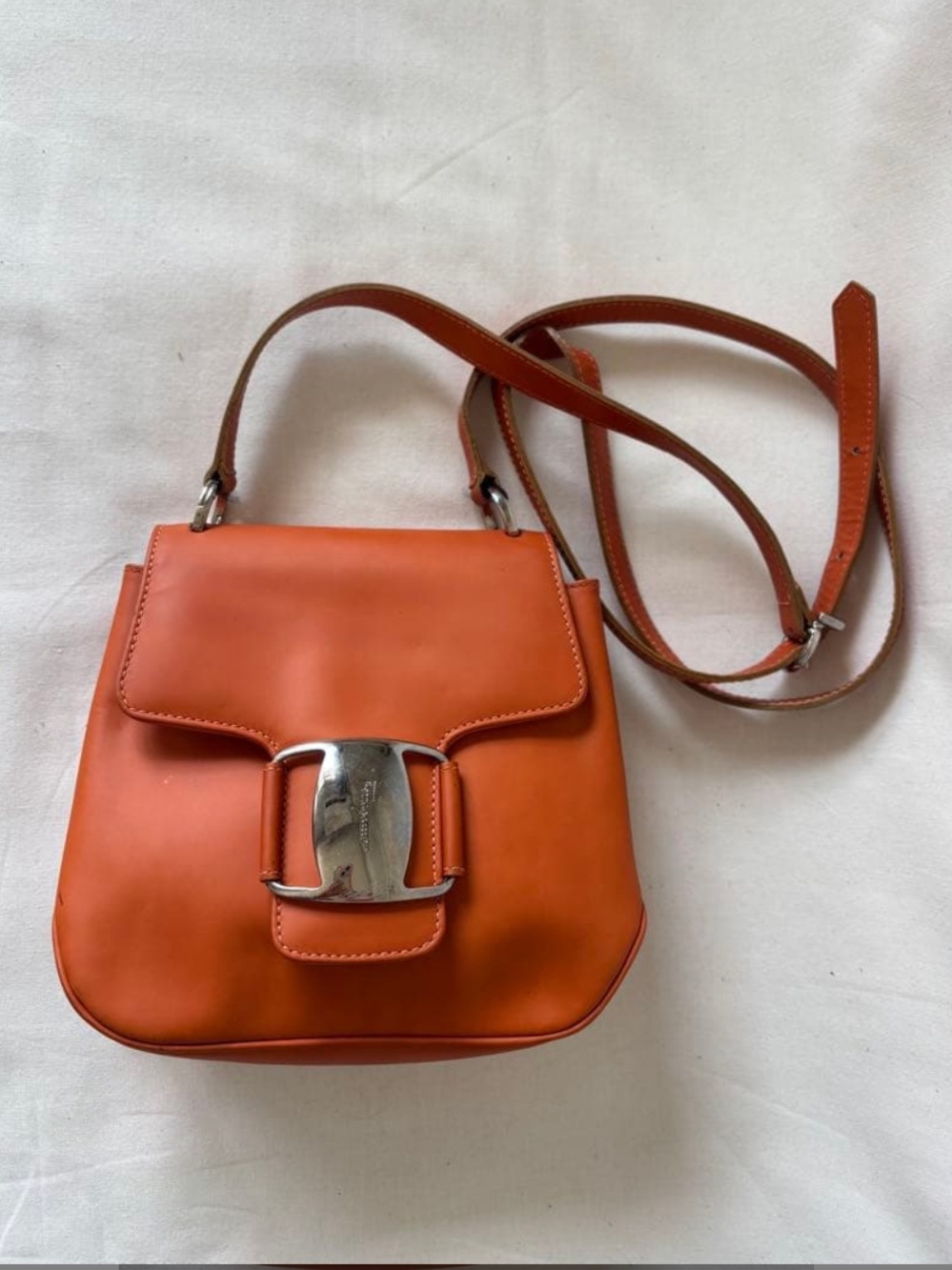 Salvatore Ferragamo Orange Leather Crossbody Bag with Silver Buckle